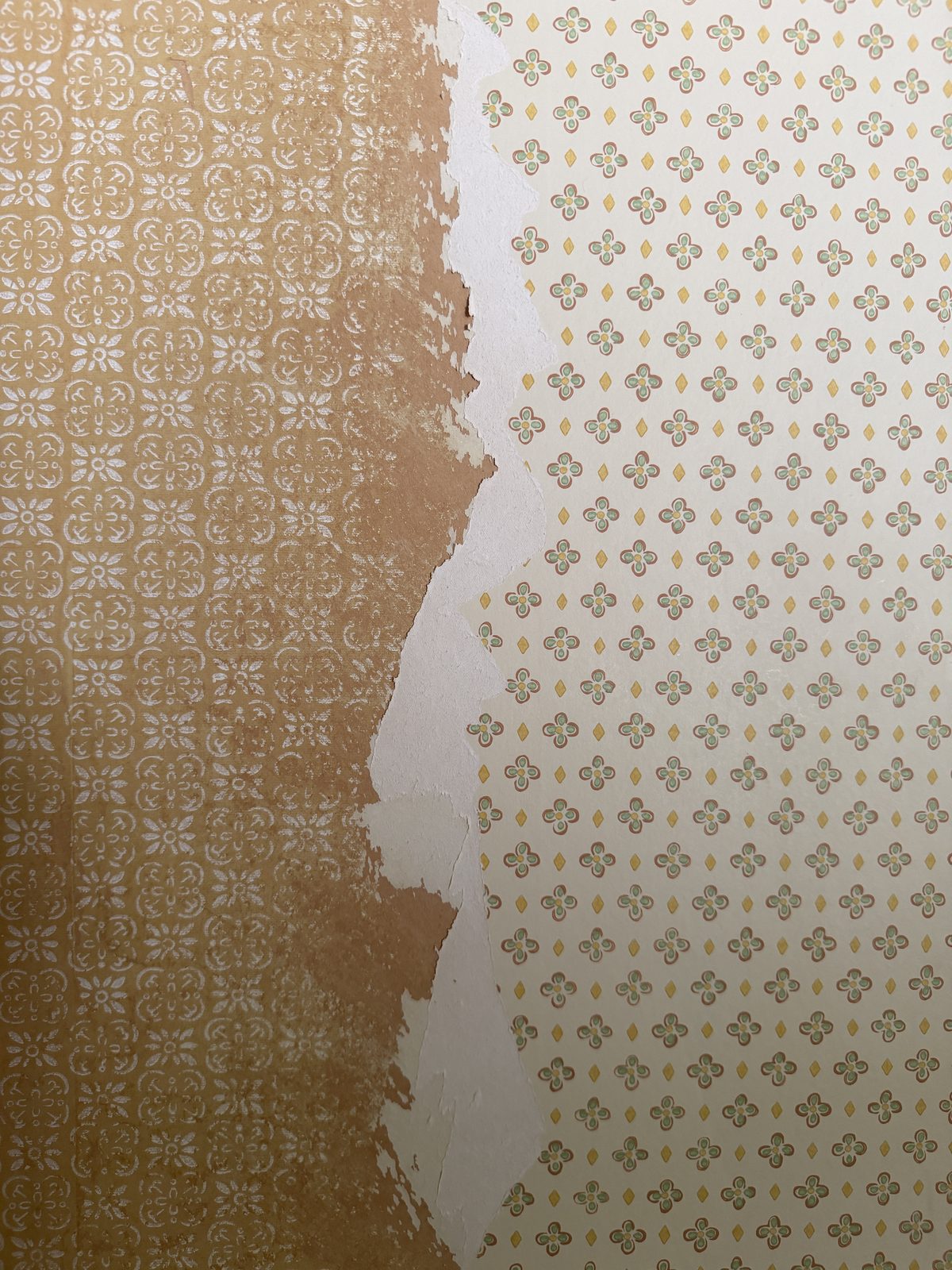 Wallpaper mid-peel: a cream ground scattered with small green-and-rust four-petal florals on top, torn away to reveal an older tan layer printed with a dense white geometric medallion pattern underneath.